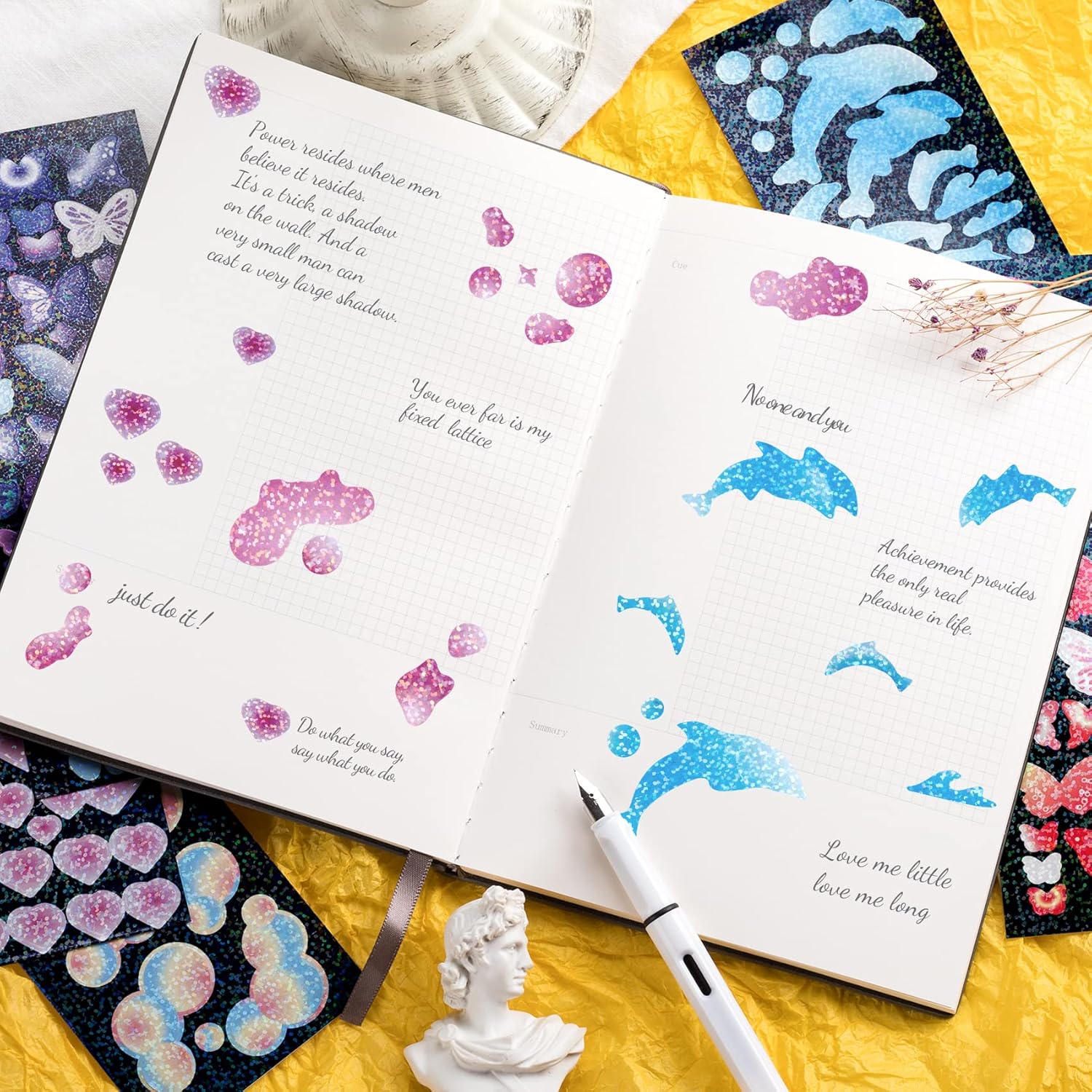 OIIKI 15 hojas de calcomanías coloridas brillantes con láser, burbujas con purpurina, delfín, mariposa, calcomanías de corazón, calcomanías