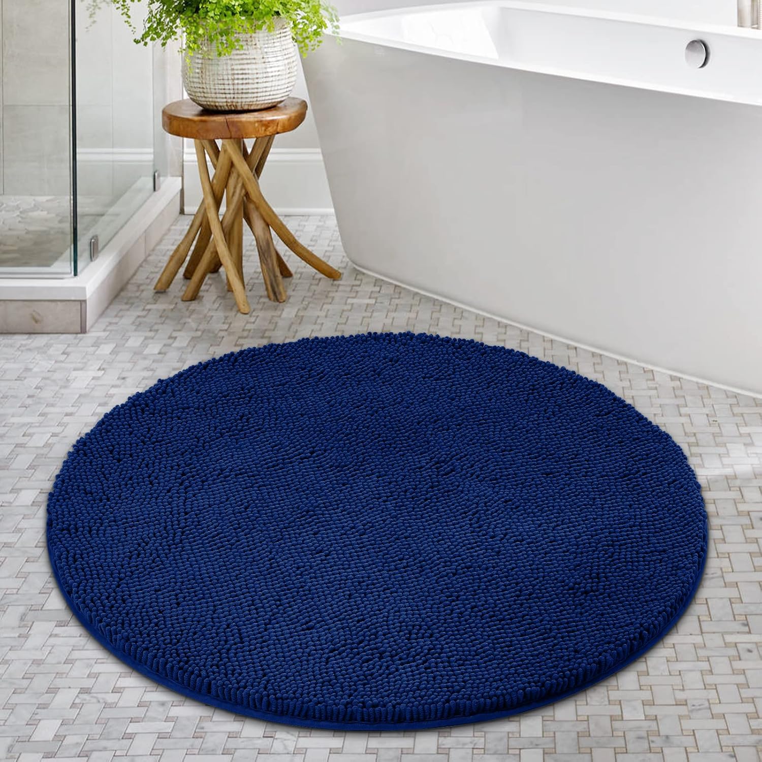 HOMEIDEAS Alfombra de baño redonda, felpilla de lujo, extra suave y absorbente, antideslizante, lavable a máquina (azul marino, 3 pies)