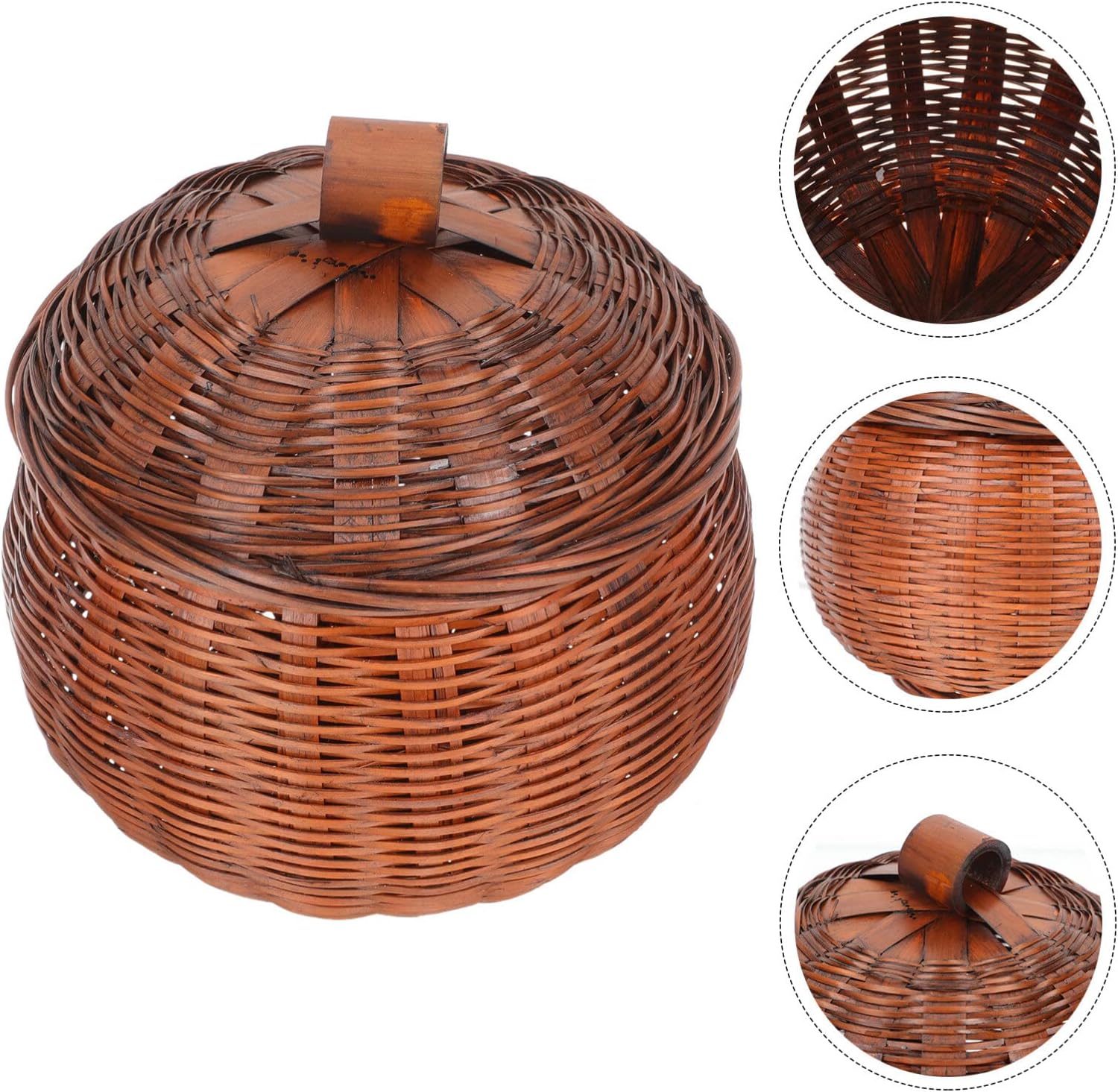 BESTOYARD Cesta de almacenamiento de ratán con forma de calabaza, caja redonda de mimbre, pequeña cesta organizadora tejida con tapa, cesta hecha a