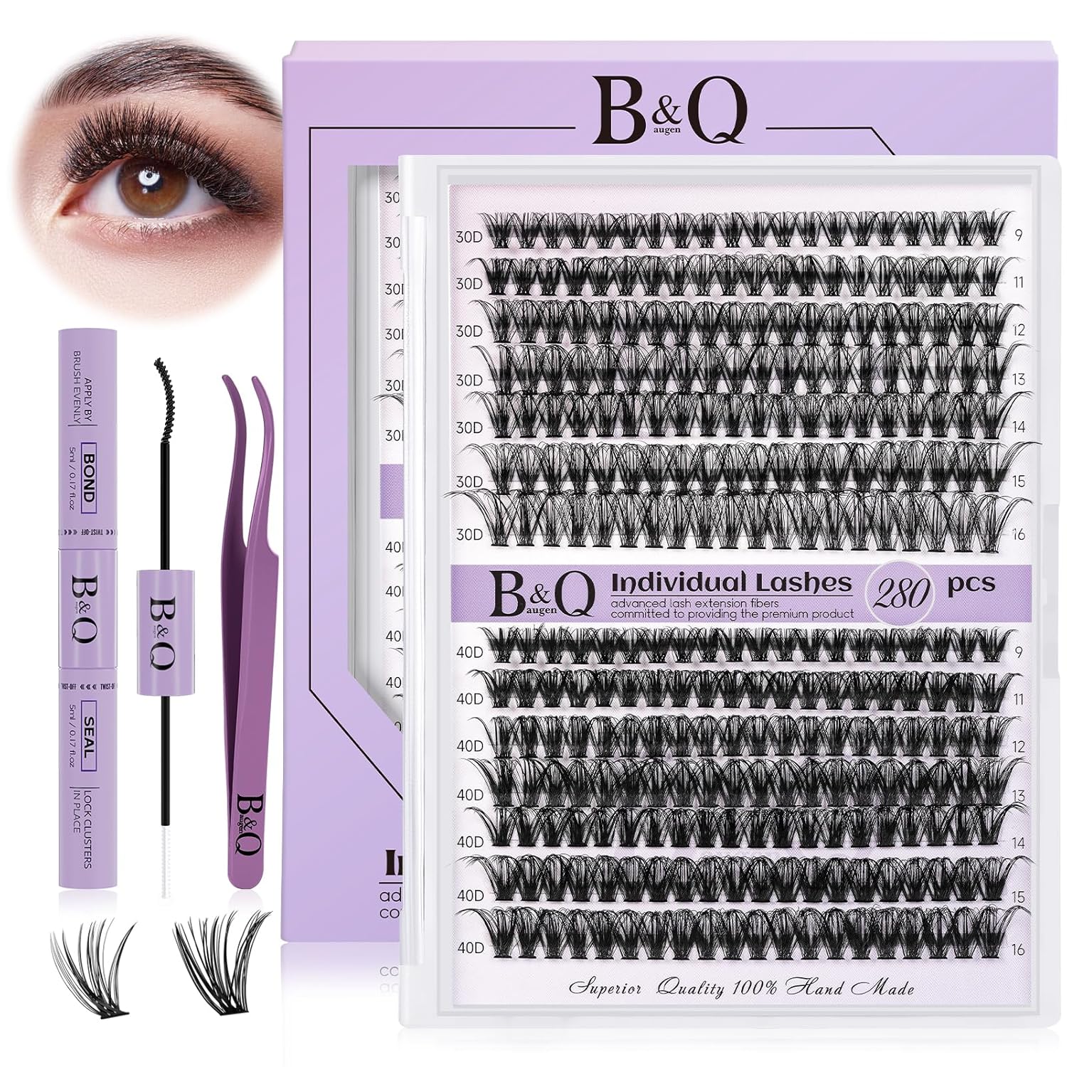 Kit de extensión de pestañas para bricolaje, 280 unidades, individuales, racimo B&Q D, kit de extensión de pestañas con enlace de pestañas, sello y