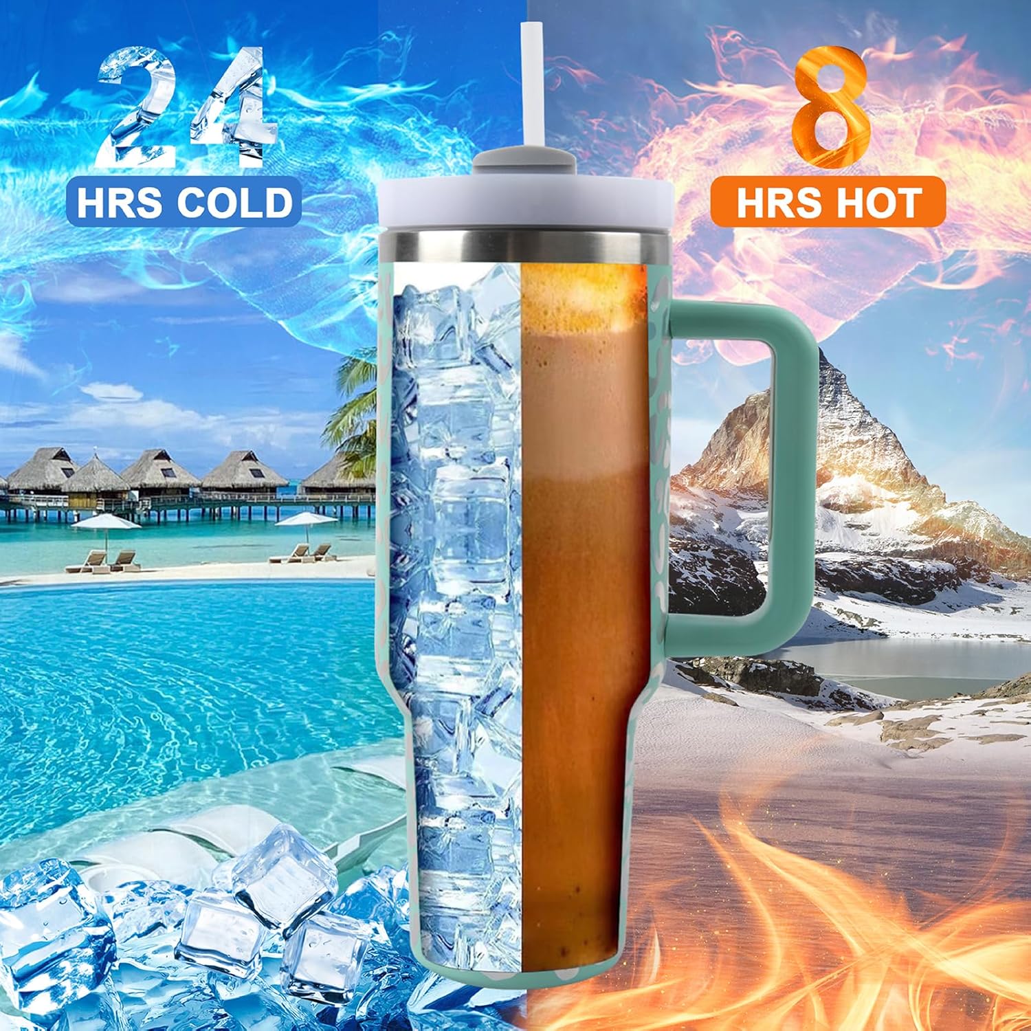 Jormungand Vaso de 40 onzas con asa y pajita, botella de agua de acero inoxidable con aislamiento al vacío para bebidas calientes o frías, taza de