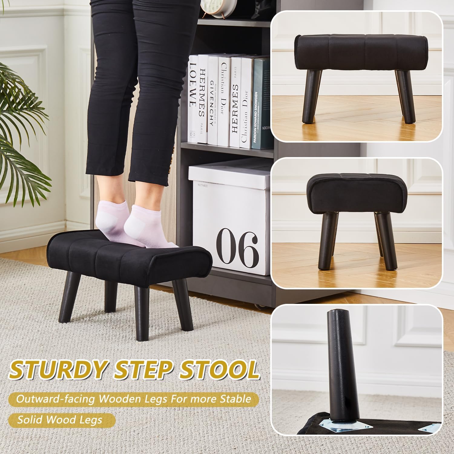Cpintltr Taburete de terciopelo de madera para adultos, taburete otomano pequeño tapizado de terciopelo, taburete moderno rectangular para pies,