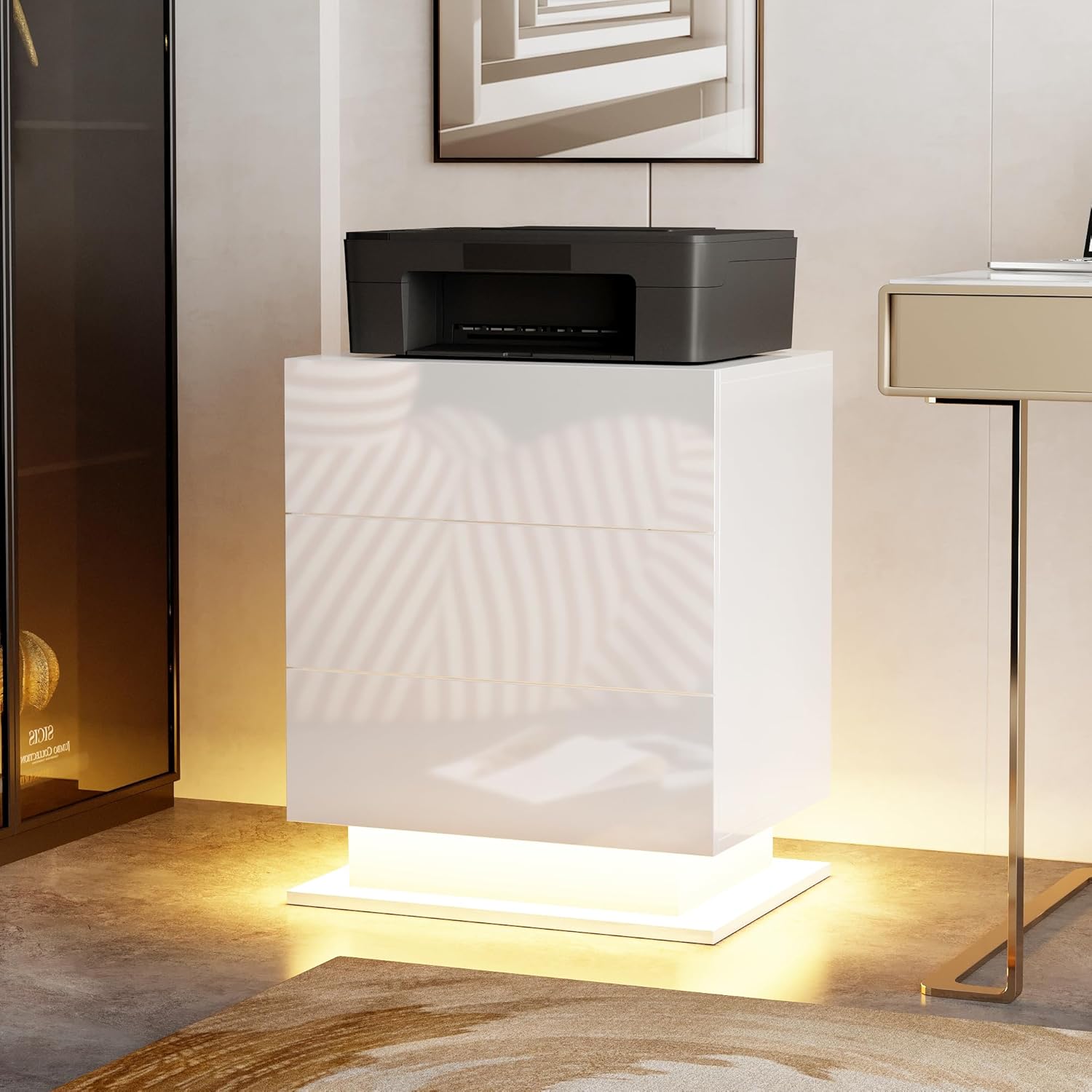 Juego de 2 mesitas de noche para dormitorio con luces LED y estación de carga inalámbrica, mesa auxiliar de 3 cajones para sala de estar con puertos