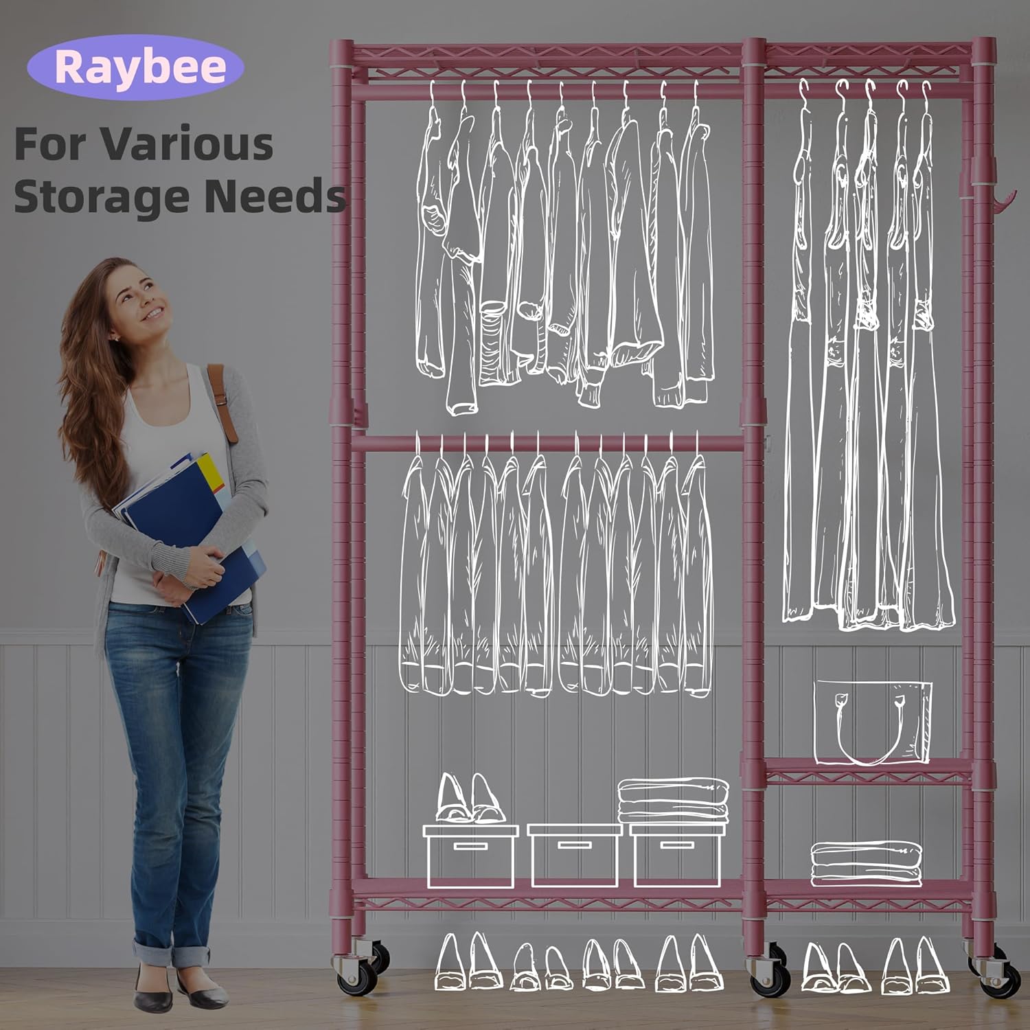 Raybee Perchero de ropa rosa de 80 pulgadas de alto, perchero resistente para colgar ropa, perchero con ruedas, estante portátil de alambre para