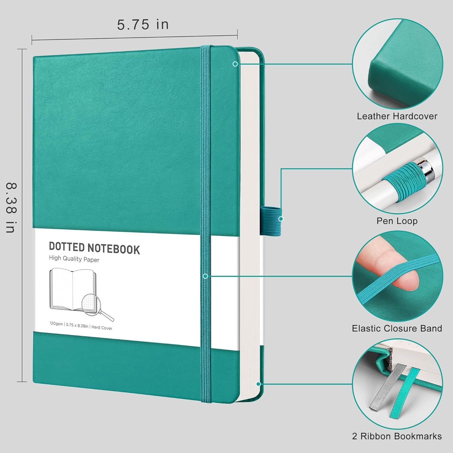 RETTACY Paquete de 2 cuadernos de cuadrícula de puntos, cuadrícula de puntos A5 de tapa dura de cuero con 320 páginas, papel de alta calidad sin