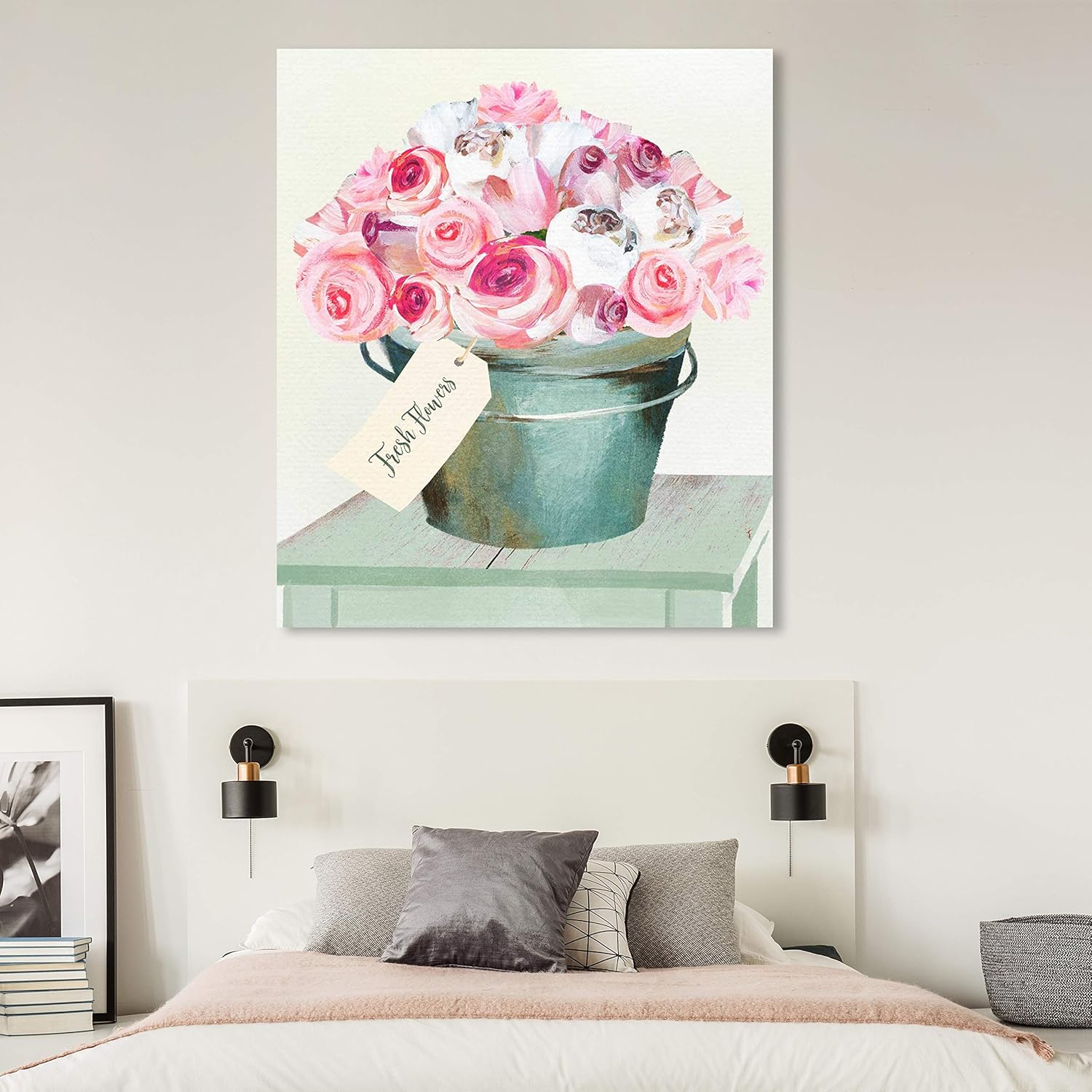 The Oliver Gal Artist Co. Lienzo decorativo floral para pared, diseño de cubo lleno de rosas, decoración del hogar, 30 x 36 pulgadas, rosa, verde