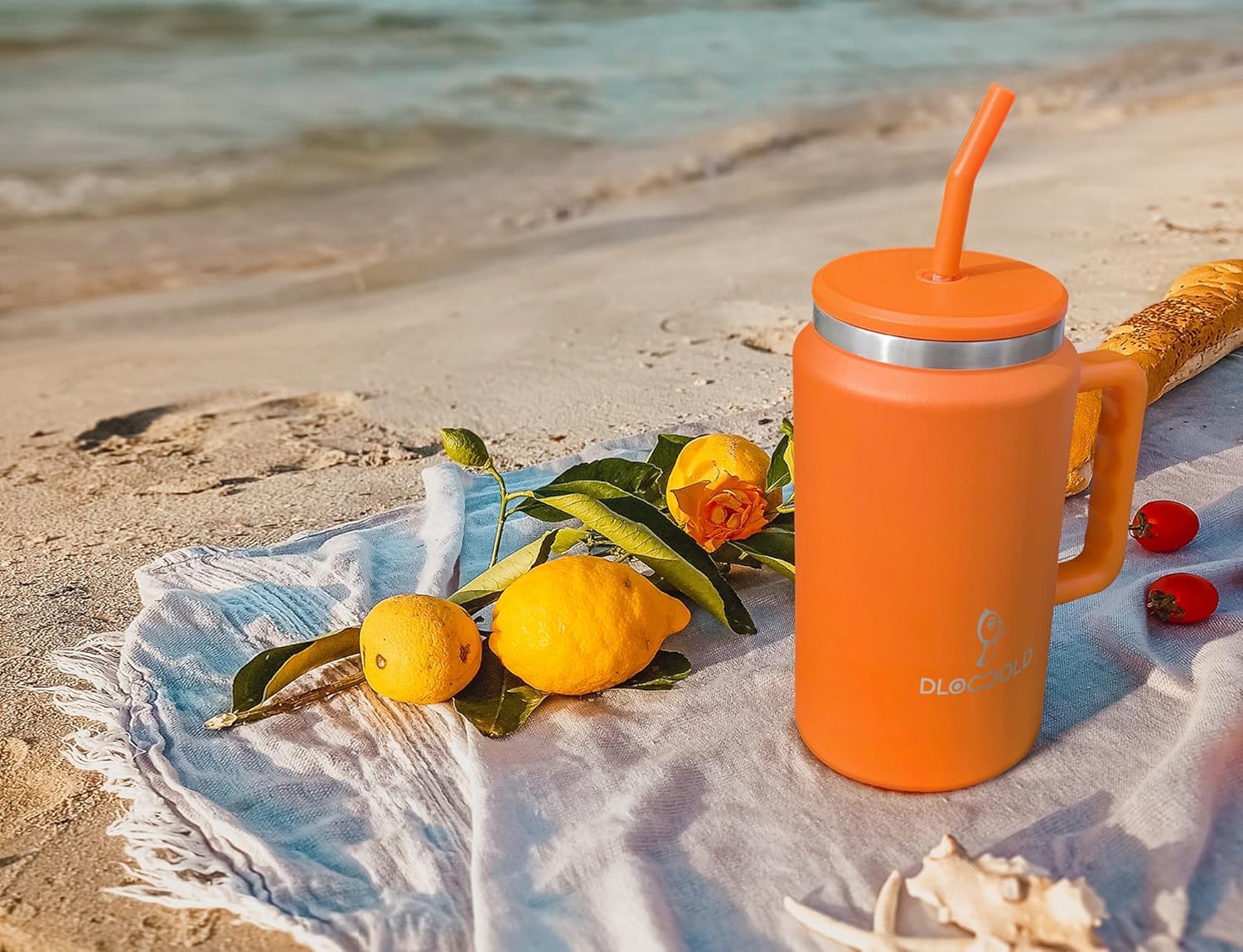 DLOCCOLD Vaso de 50 onzas con asa y tapa con popote, jarra de viaje grande aislada de acero inoxidable con asa, botella de agua reutilizable de