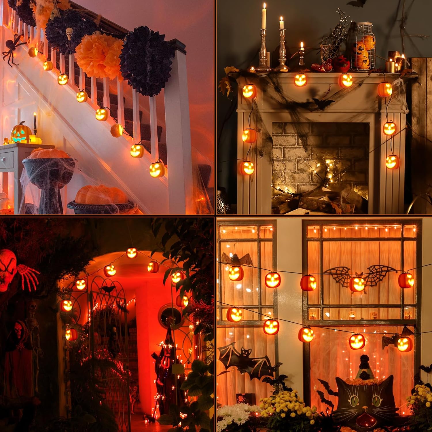 Guirnalda de luces de calabaza de Halloween de 14.7 pies con música espeluznante, luces de cadena impermeables naranjas, sensor de movimiento,