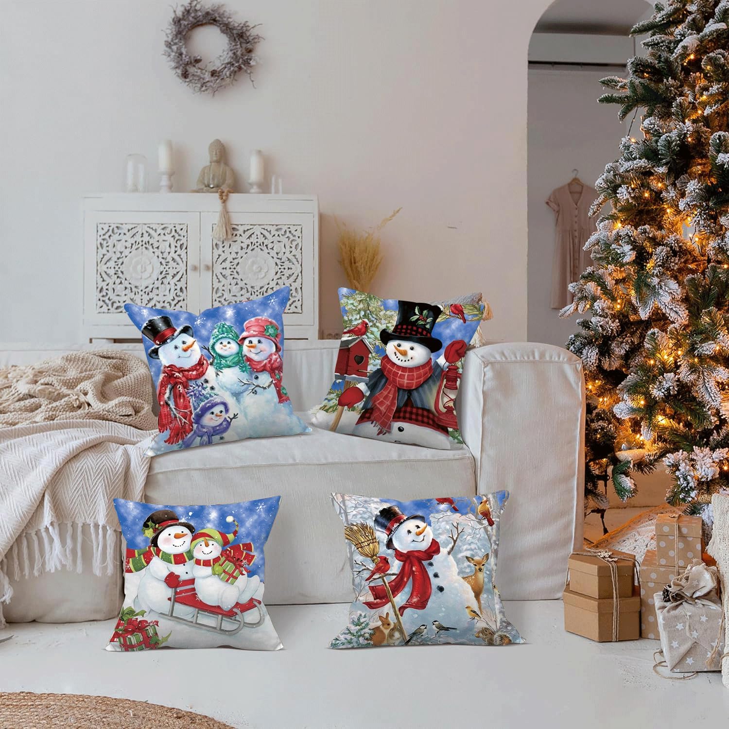Juego de 4 fundas de almohada de muñeco de nieve de Navidad de 18 x 18 pulgadas, fundas de almohada de terciopelo suave para sala de estar,