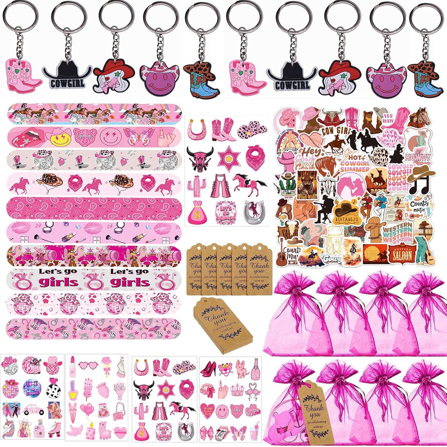 Yrmysrx 100 piezas de suministros de fiesta de vaquera occidental, incluyen pulseras de palmada, llavero, tatuajes temporales, calcomanías, bolsas