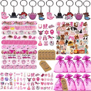 Yrmysrx 100 piezas de suministros de fiesta de vaquera occidental, incluyen pulseras de palmada, llavero, tatuajes temporales, calcomanías, bolsas Yrmysrx 100 piezas de suministros de fiesta de vaquera occidental, incluyen pulseras de palmada, llavero, tatuajes temporales, calcomanías, bolsas