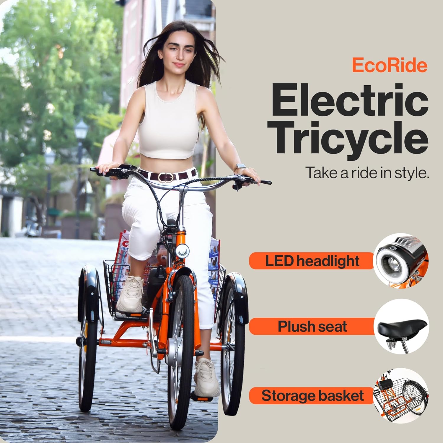 SuperHandy Bicicleta eléctrica de triciclo para adultos EcoRide 3 modos, asistencia de pedal de par adaptable, motor de 250 W, (2) baterías de