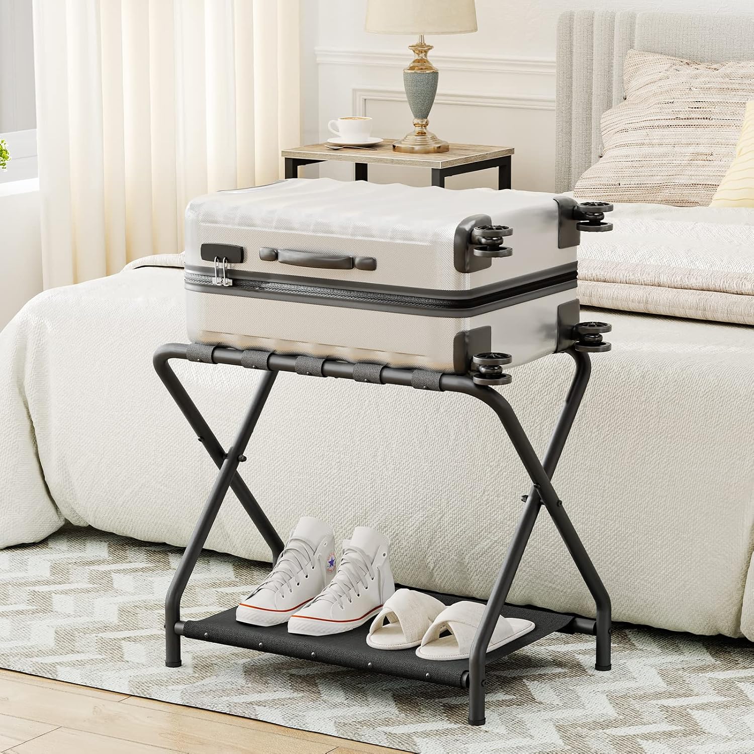 HOOBRO Portaequipajes, soporte plegable para maleta con estante de almacenamiento de tela para habitación de invitados, dormitorio, hotel, soporta