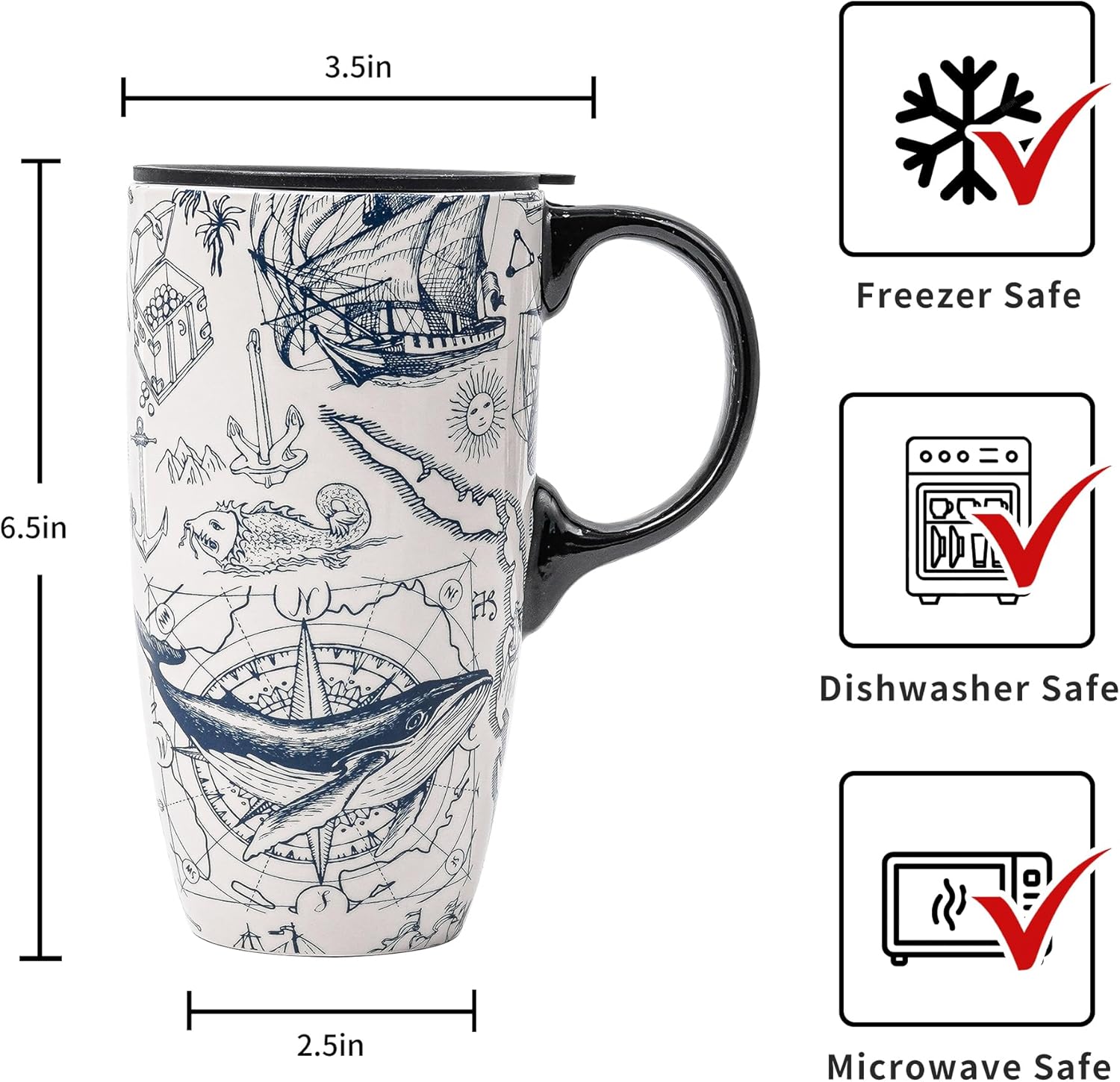 Voltogar Taza de café de viaje de cerámica con tapa, regalo para el hogar y la oficina, taza de té alta de porcelana de 17 onzas con mango de arte