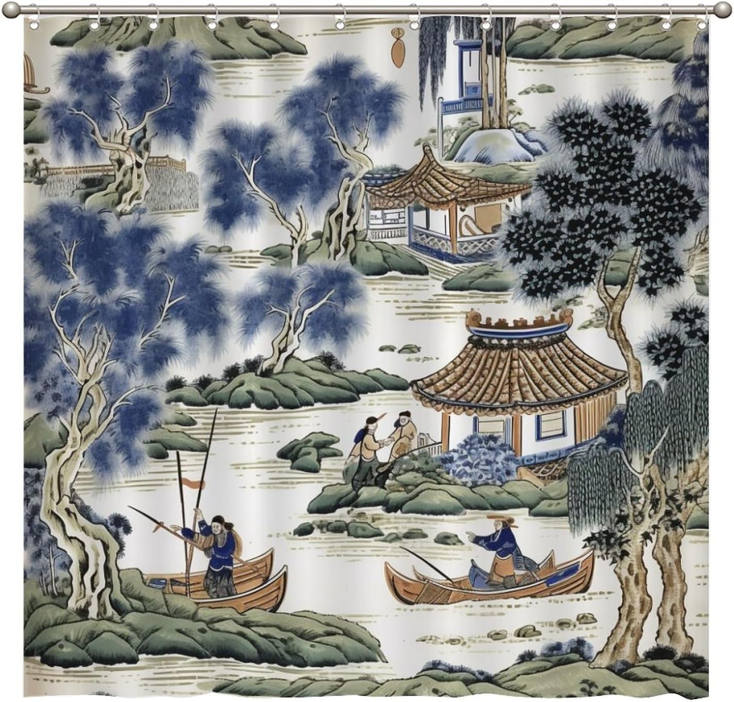 Cortina de ducha azul y verde chinoiserie de pinos chinos, tela de pabellón chino, forro de cortina de ducha impermeable para decoración de bañeras