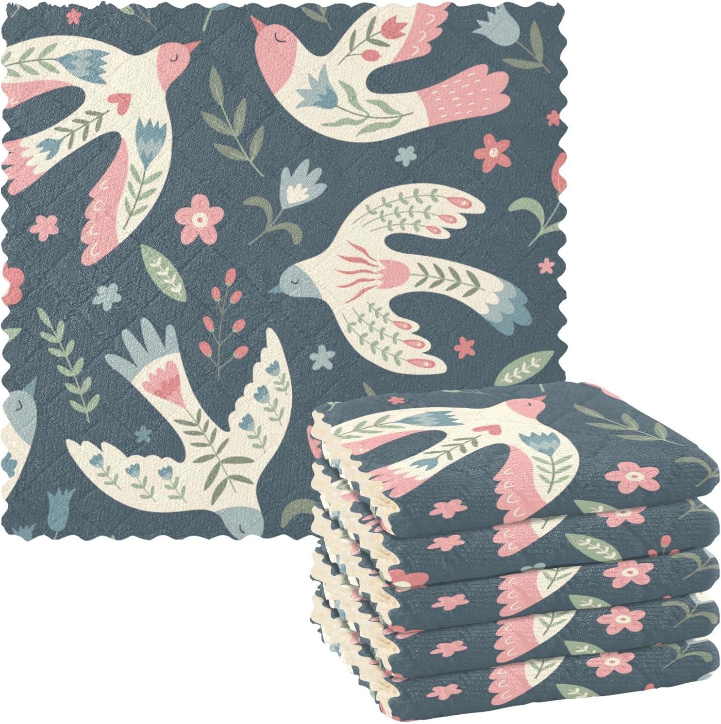 Birds Flowers Quality Print Microfiber Cleaning Cloths Quick Dry 6 Pack Microfiber Absorbant Towel for Bathroom Table