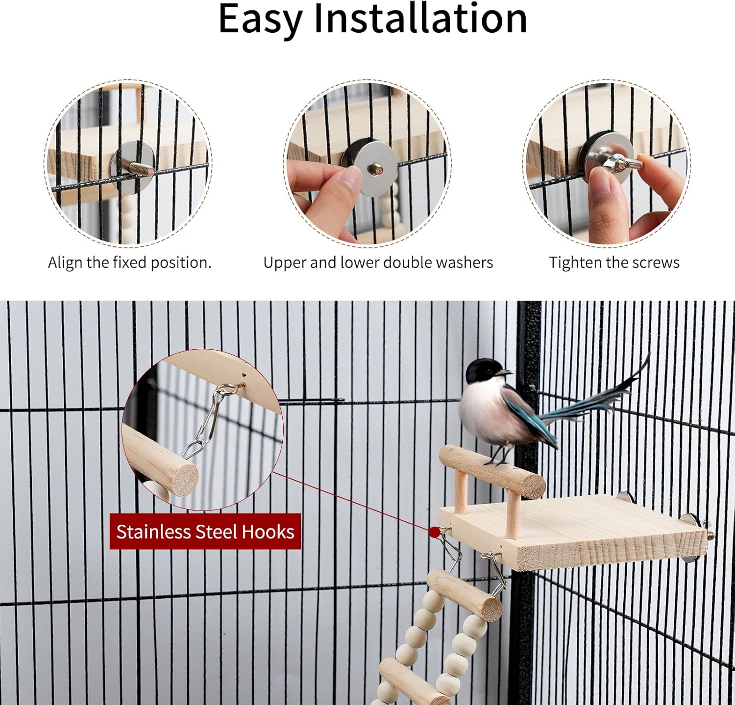 Plataforma de perca de madera para pájaros con escalera de escalada, soporte de juego de loro, puente oscilante, juguetes para masticar periquitos,
