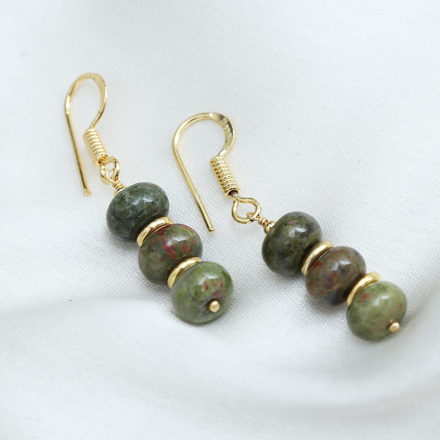 Gempires Mother’s Day Gift Unakite Rondelle Beads Earrings, Dangling Earrings, Crystal Earrings for Girls,14k Gold Plated Hook Earrings, Handmade