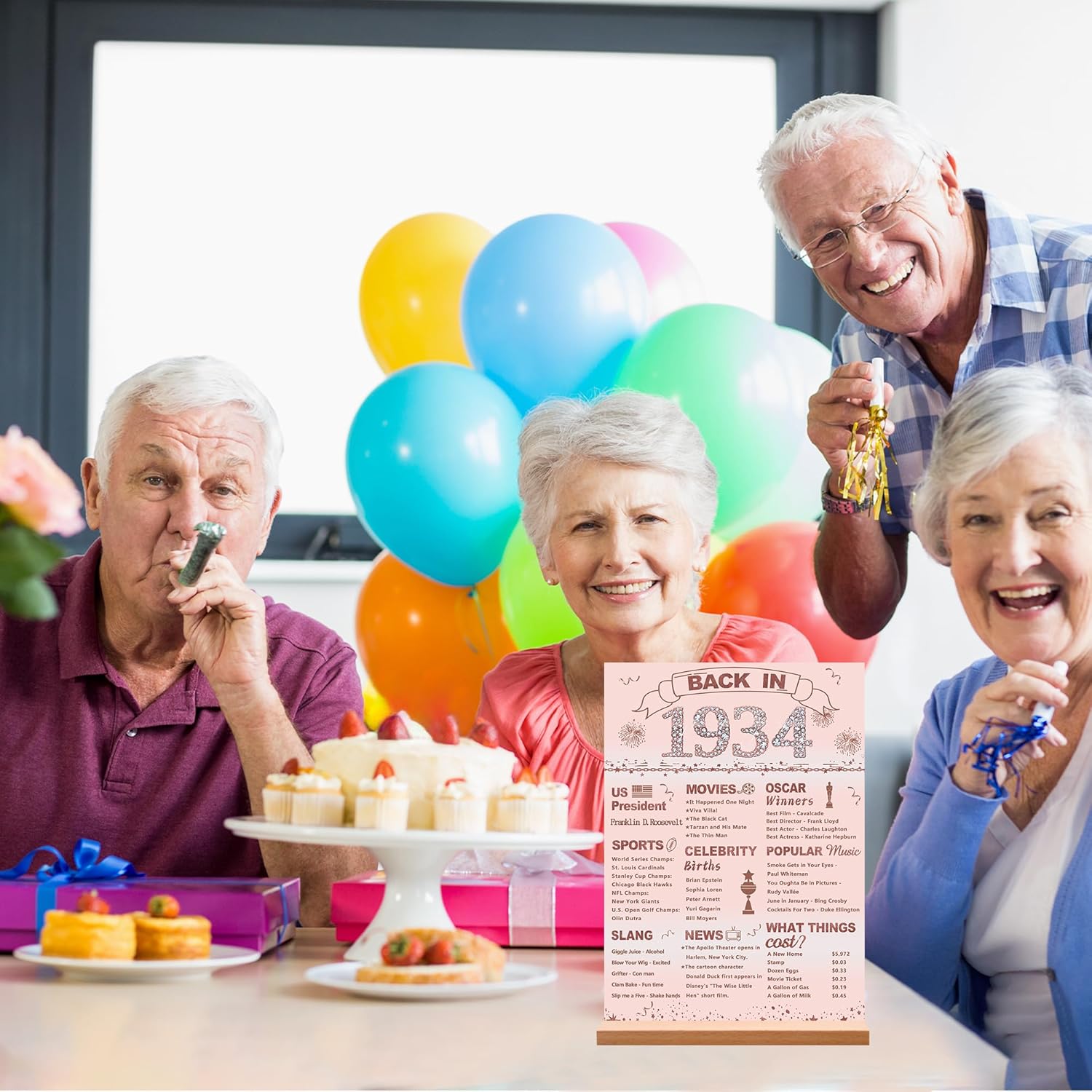 DARUNAXY Decoraciones de fiesta de cumpleaños número 90 de oro rosa, póster grande de acrílico con soporte para mujeres que saludan a 90 años,