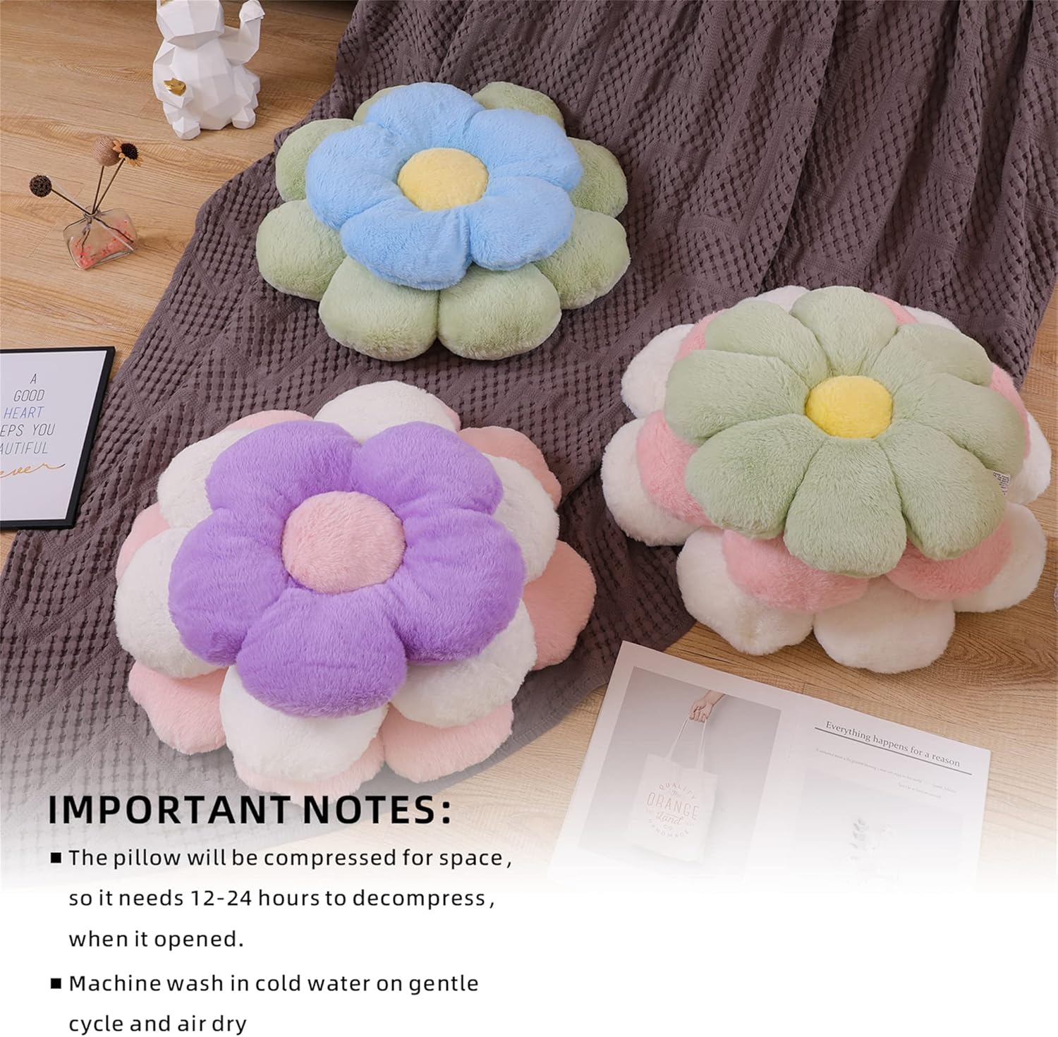 Cojín decorativo de flores, almohada decorativa para silla, almohada de felpa para piso (19.6 pulgadas, marrón y blanco)