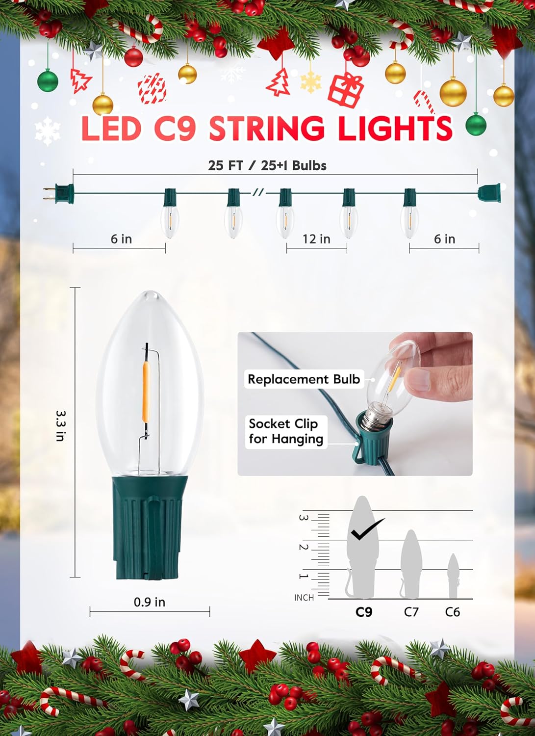 Luces LED vintage C9 de Navidad, cadena de luces C9 de 25 pies con 25 bombillas LED C9 de plástico, luces impermeables conectables al aire libre