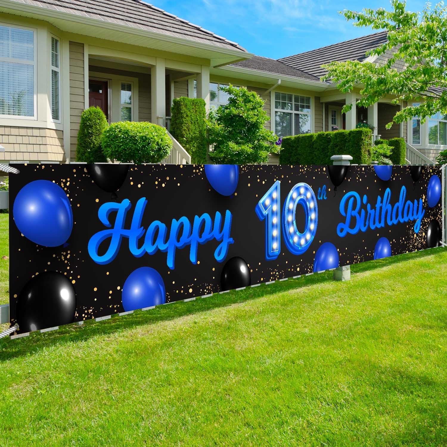 Cartel azul y negro de feliz cumpleaños número 10 años de edad, globos de confeti, decoración temática para niñas de 10 años, suministros de