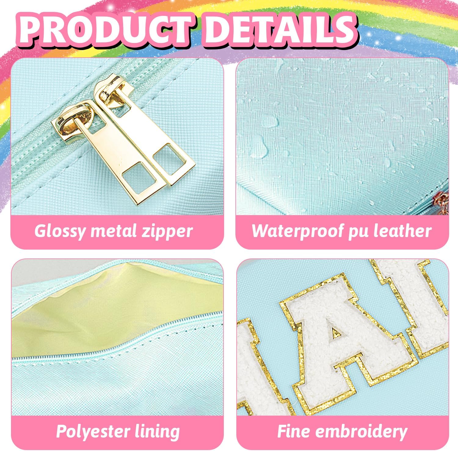 Bolsa de maquillaje de parche de piel sintética, portátil, impermeable, para cosméticos, uso diario, para mujeres y niñas, Pelo azul., Parche Preppy