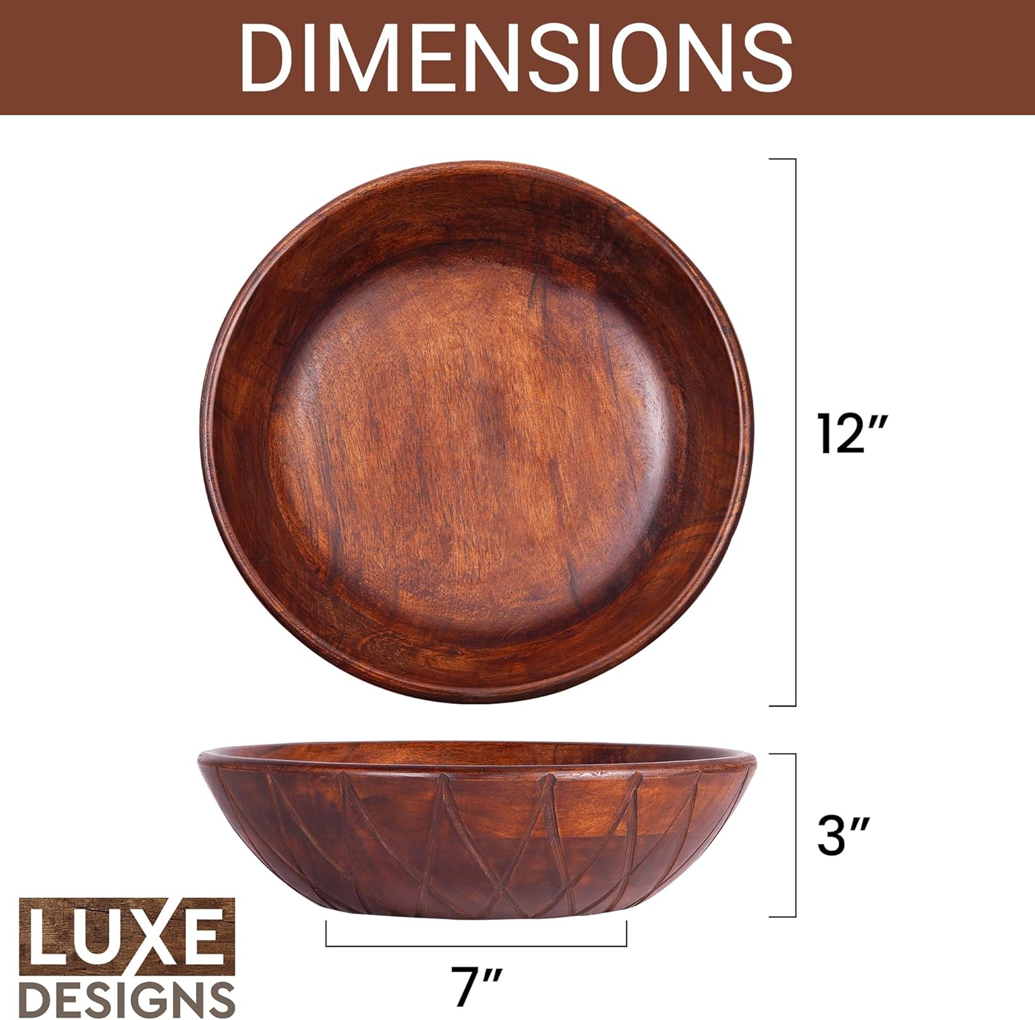 Luxe Designs Cuenco decorativo redondo de madera de 12 pulgadas, frutero de madera para encimera de cocina, cuenco de madera de acacia hecho a mano,