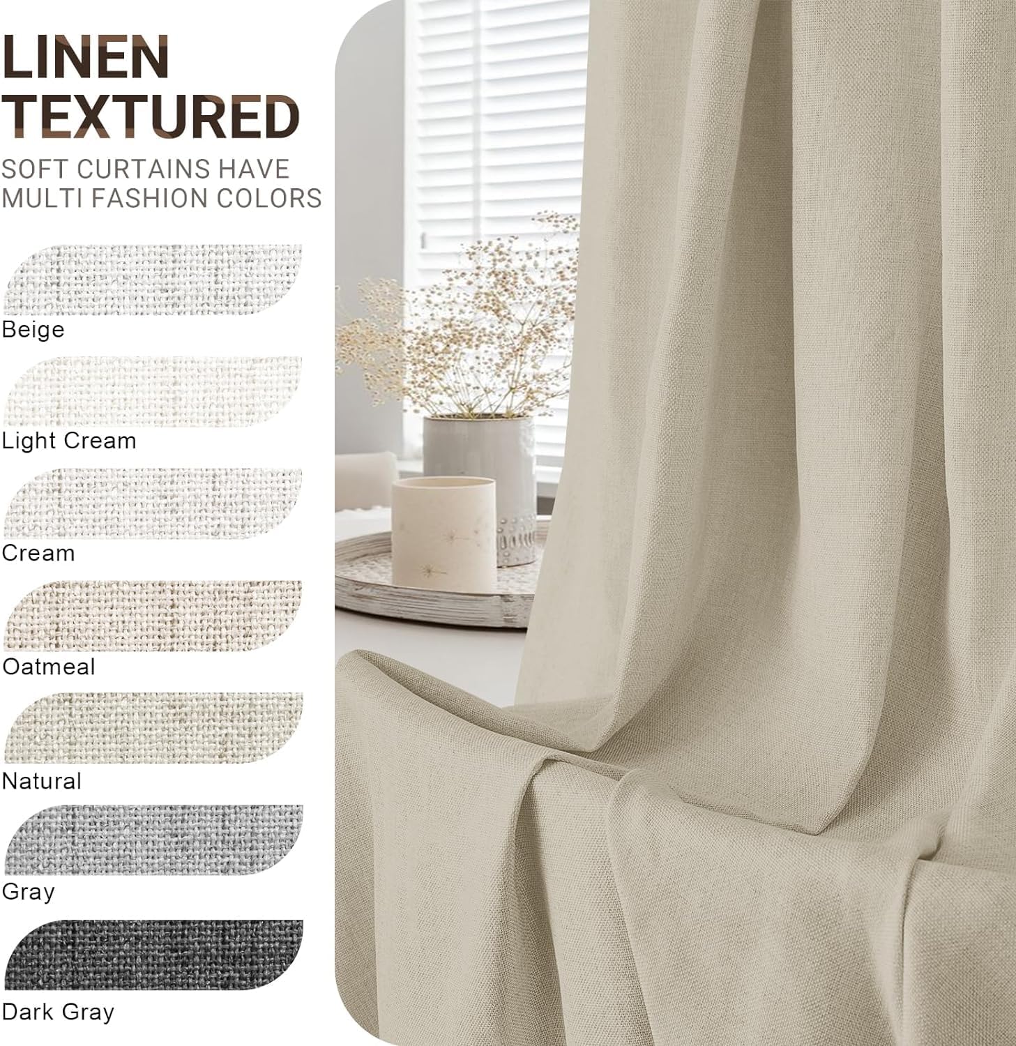 zeerobee – Cortinas blackout, 100% opacas, 2 paneles, lino, aislamiento térmico, pestañas traseras, bolsillo para cortinero, para sala de estar y