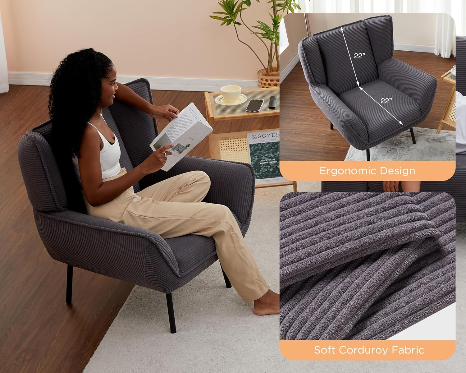 AMERLIFE Silla decorativa, silla tapizada para sala de estar con respaldo alto, sillón de lectura gris para dormitorio, cómoda silla de pana
