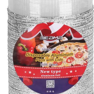 BIEAMA Paquete de 100 sartenes redondas de aluminio de 8 pulgadas con tapas de plástico, bandejas de aluminio desechables para hornear, cocinar, BIEAMA Paquete de 100 sartenes redondas de aluminio de 8 pulgadas con tapas de plástico, bandejas de aluminio desechables para hornear, cocinar,