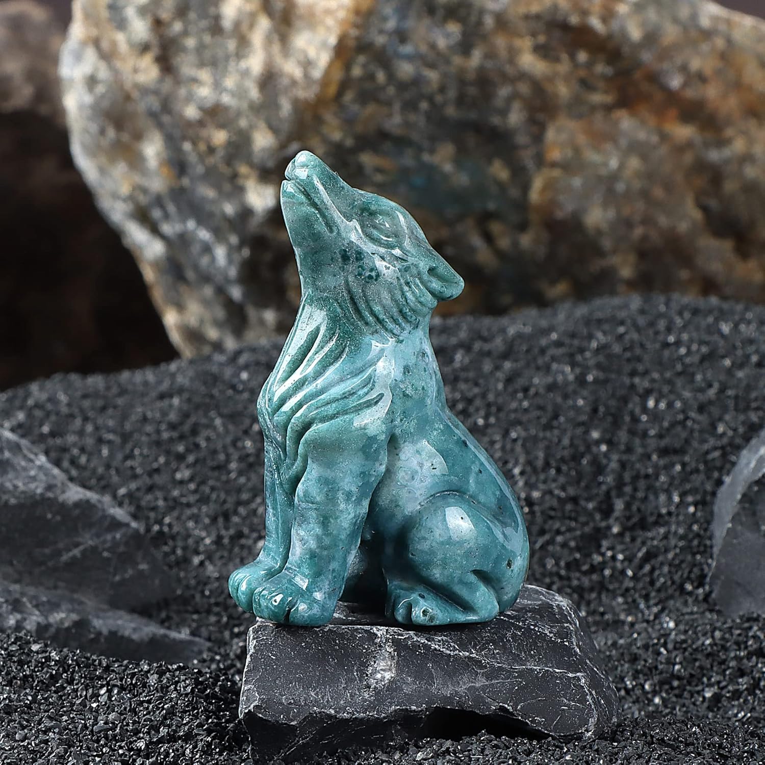 Artistone Estatua de lobo de cristal de jaspe oceánico de 2.0 pulgadas, figura de lobo deseada a mano, escultura de animales, piedra curativa para