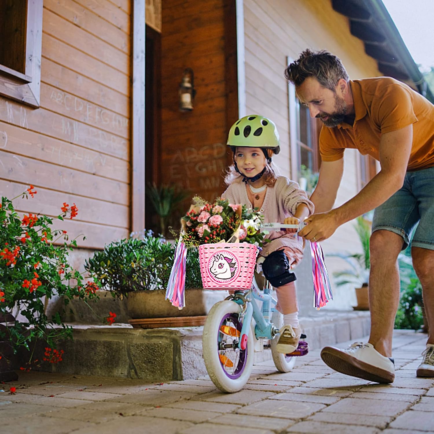 Cesta de bicicleta para niñas, cesta de bicicleta para manillar con pulsera de unicornio, campana, serpentinas, calcomanías, gafas de sol para