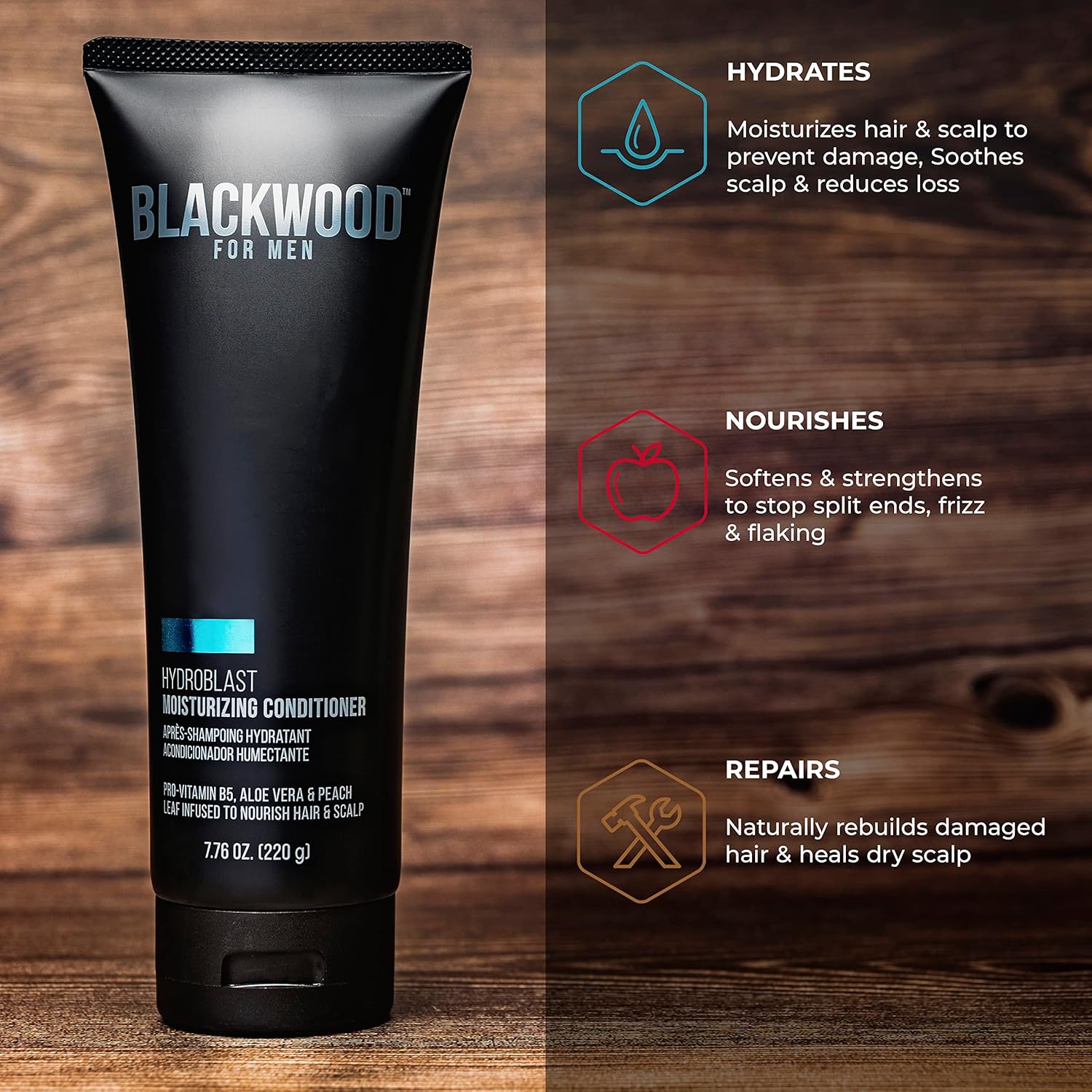 BLACKWOOD FOR MEN Hydroblast – Champú hidratante (17 onzas) y acondicionador (7.76 onzas), vegano y natural para cabello rizado y grueso, sin