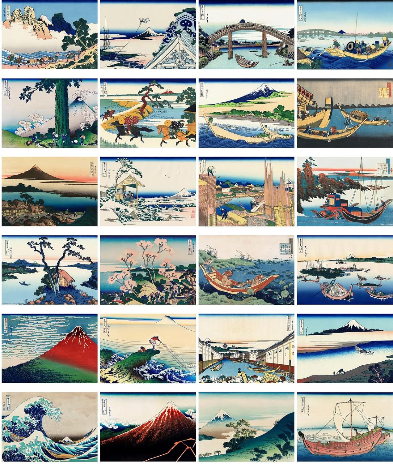 PIXILUV Hokusai Postales vintage (24 piezas de 4 x 6 pulgadas cada una) Gran ola de Kanagawa y vista de Fuji por Hokusai Vintage Antique Japan Book