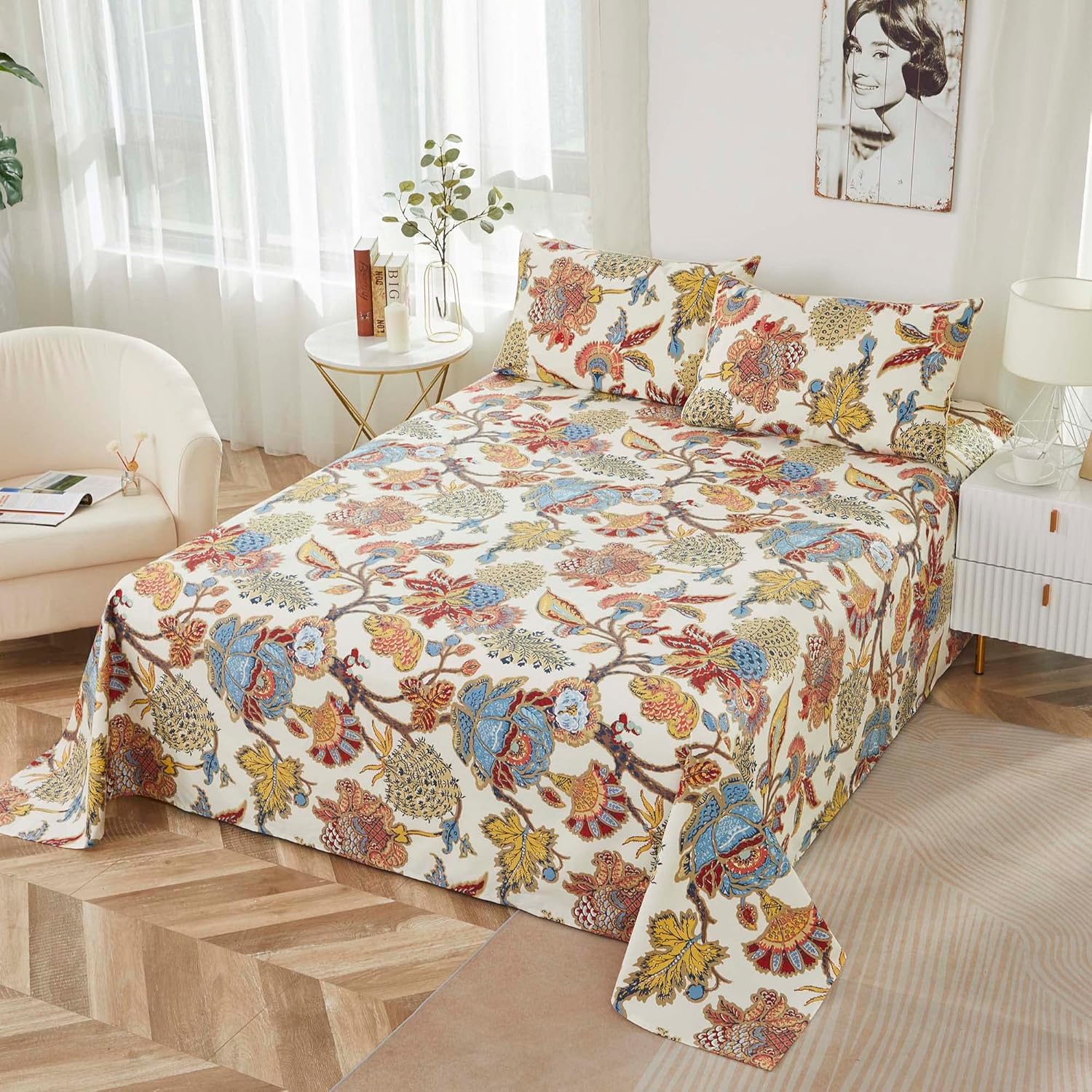 Softta Juego de ropa de cama vintage de lujo con hojas de flores, tamaño Queen, 4 piezas, juego de sábanas encimeras + 2 fundas de almohada,
