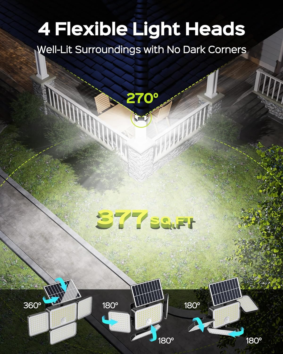 JACKYLED Luces solares para exteriores, luces solares con sensor de movimiento de 2500 lúmenes, 304 LED, 4 cabezales, luces solares para exteriores