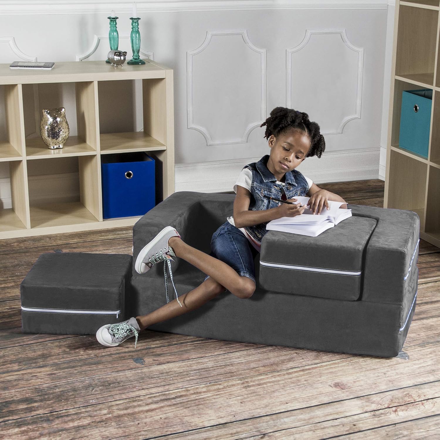 Jaxx Zipline – Sofá biplaza modular para niños, otomana y tumbona plegable, color carbón