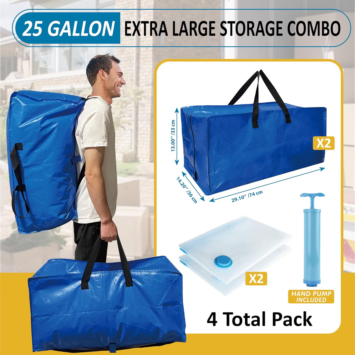 Paquete de 4 bolsas de mudanza extra grandes resistentes con correas de mochila y suministro de almacenamiento al vacío, asas y cremalleras para