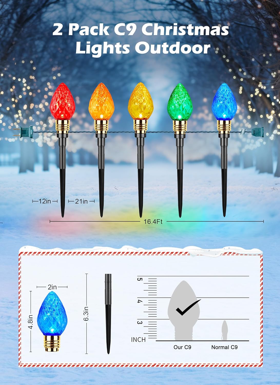 Brightown Paquete de 2 luces de camino de Navidad C9 de fresa para exteriores, total de 34.8 pies, 20 luces LED C9, bombillas multicolor, luces de