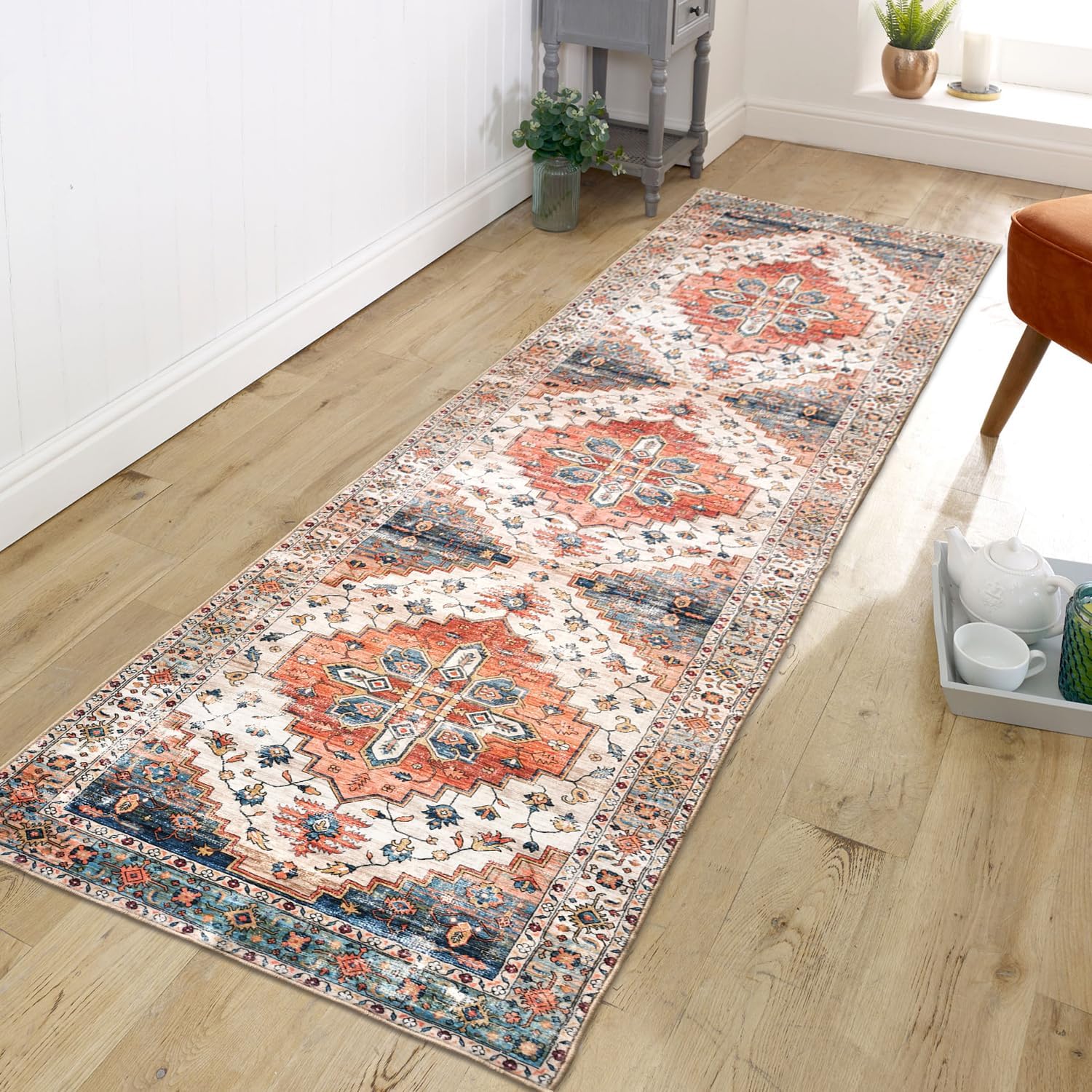 Aopota Hallway Runner Rug with Rubber Backing Low Pile Large Rug Runner Vintage Rug Retro Distressed Carpet Thin Foldable Non Slip Bathroom Kitchen