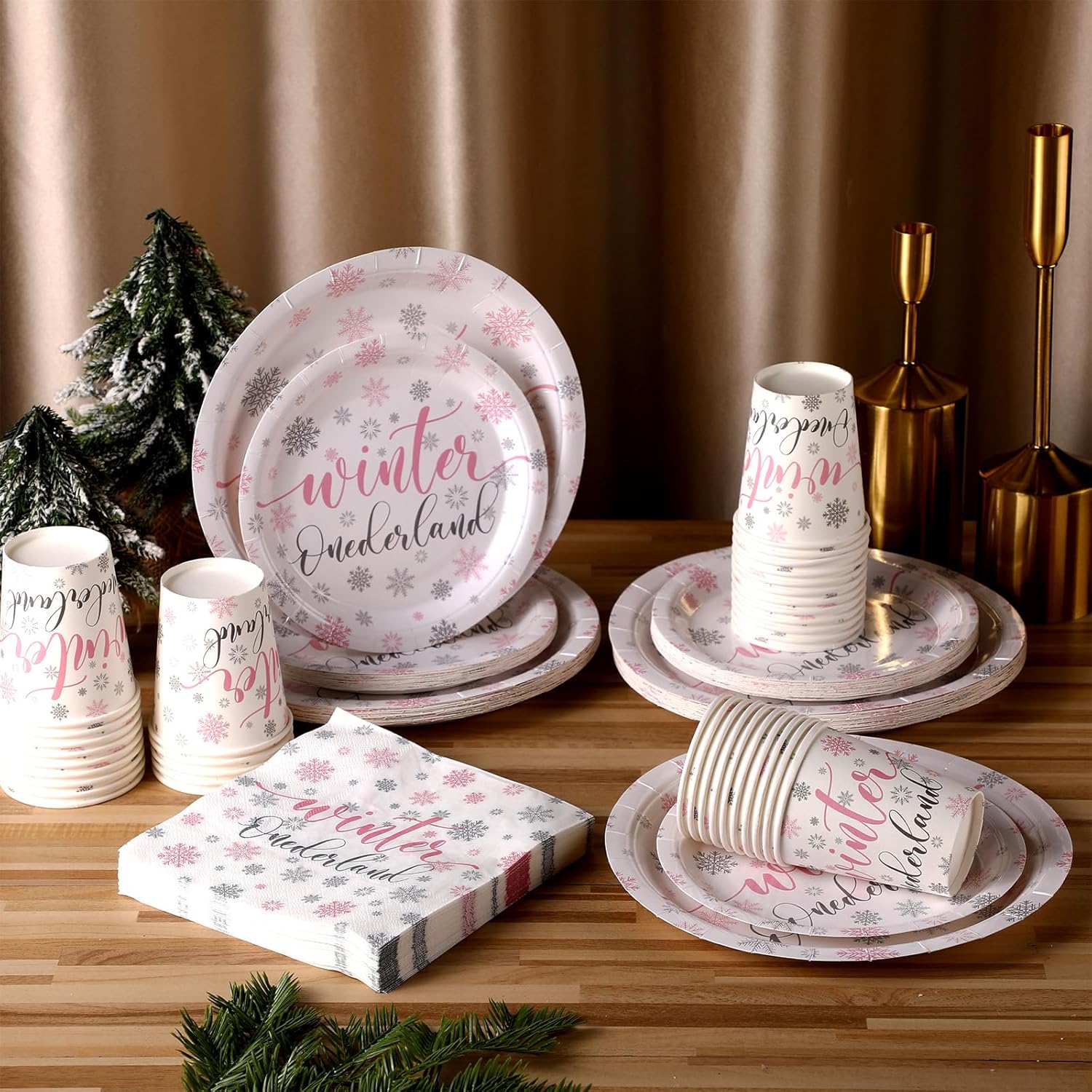 Juego de 324 platos y servilletas de copo de nieve rosa y plateado, vajilla desechable para fiesta de primer cumpleaños, platos de invierno del país
