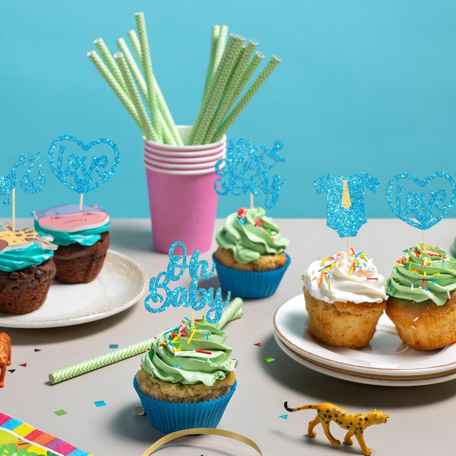 Gyufise 30 piezas de decoración de cupcakes para baby shower, con purpurina, diseño de corazón de amor, Oh Baby Cupcake Picks It’s a Boy, decoración