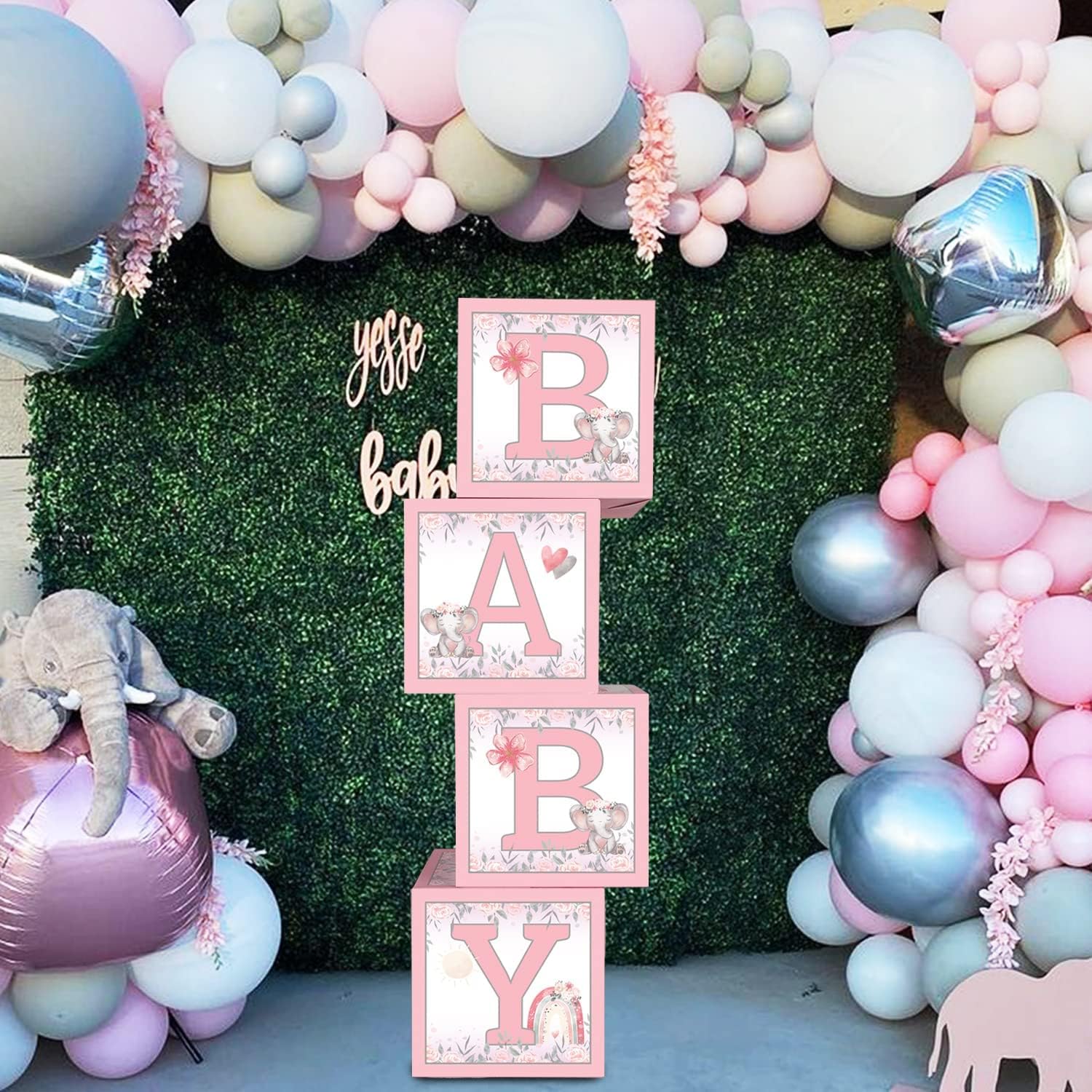 4 piezas de globos de elefante rosa para bebé, decoración de bricolaje, bloques de letras de bebé rosa, juego de globos para baby shower de maní