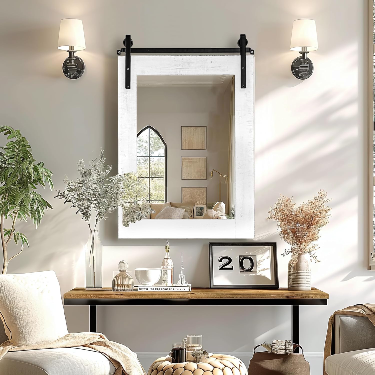 SeekElegant Espejo de pared de granja, 22 x 30 pulgadas, espejos de pared con marco de madera rústica, estilo puerta de granero, espejo decorativo