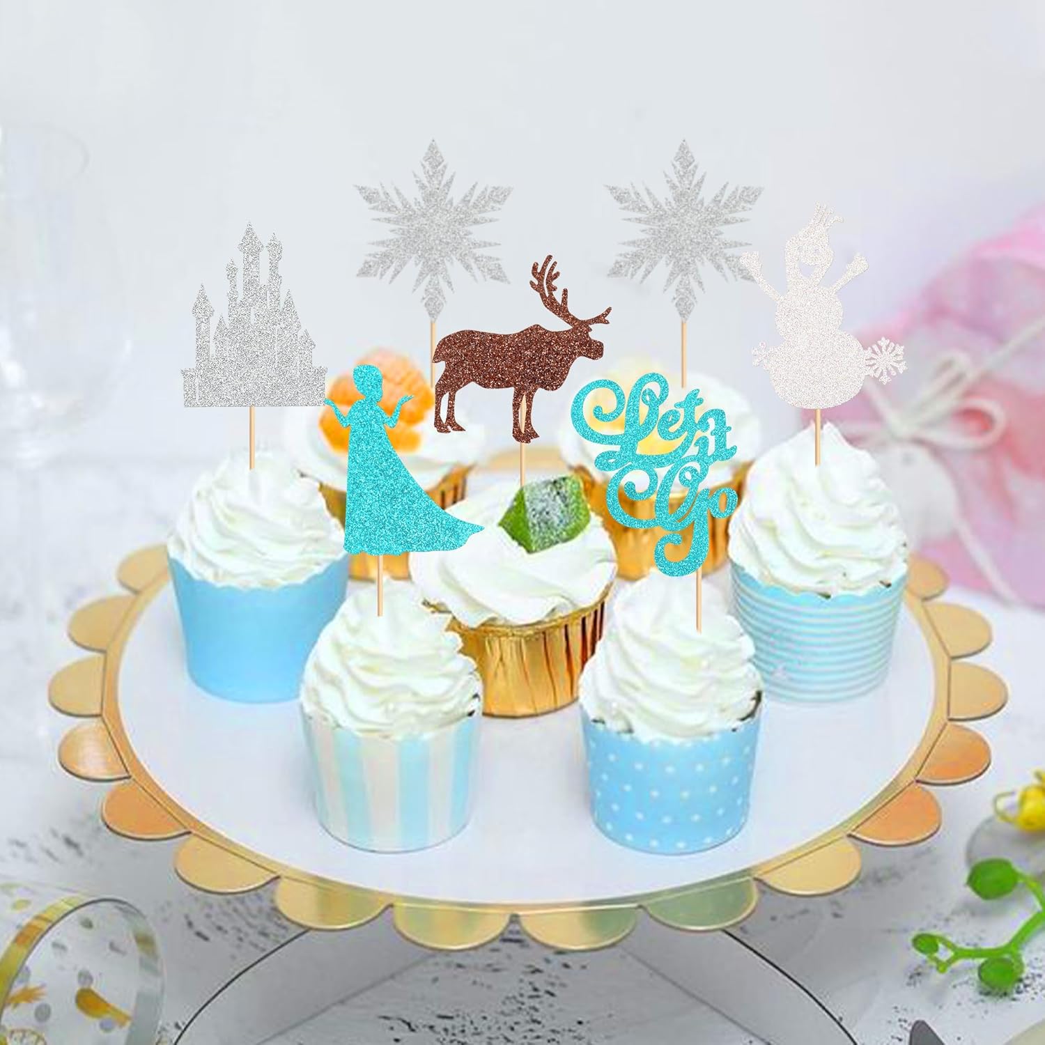 Ercadio Paquete de 24 adornos de copos de nieve para cupcakes con purpurina para invierno, copos de nieve, ciervos, princesas, cupcakes para