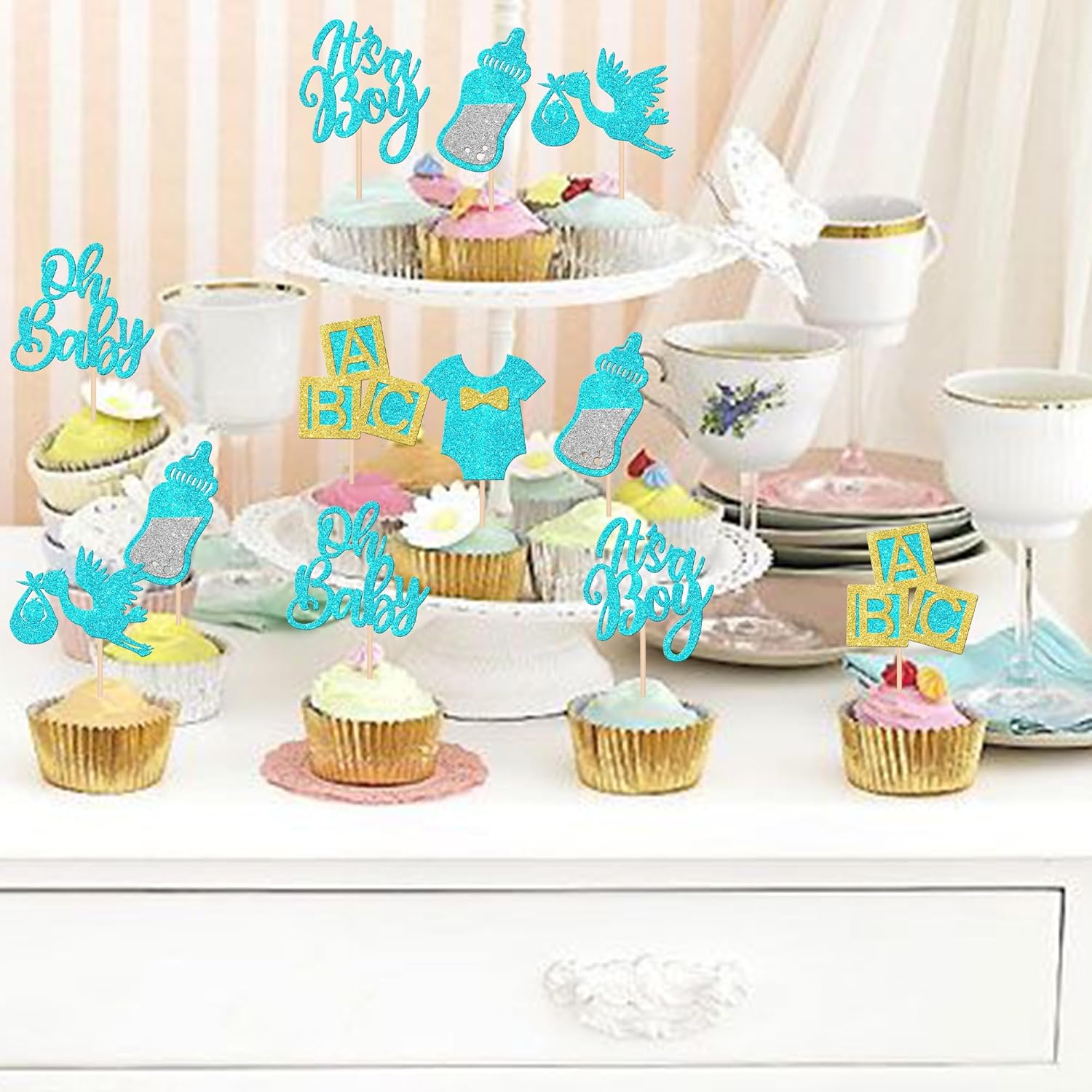 30 piezas de decoración para cupcakes “It’s a Boy” con purpurina para cupcakes con purpurina, para biberón, decoración para revelación de género,