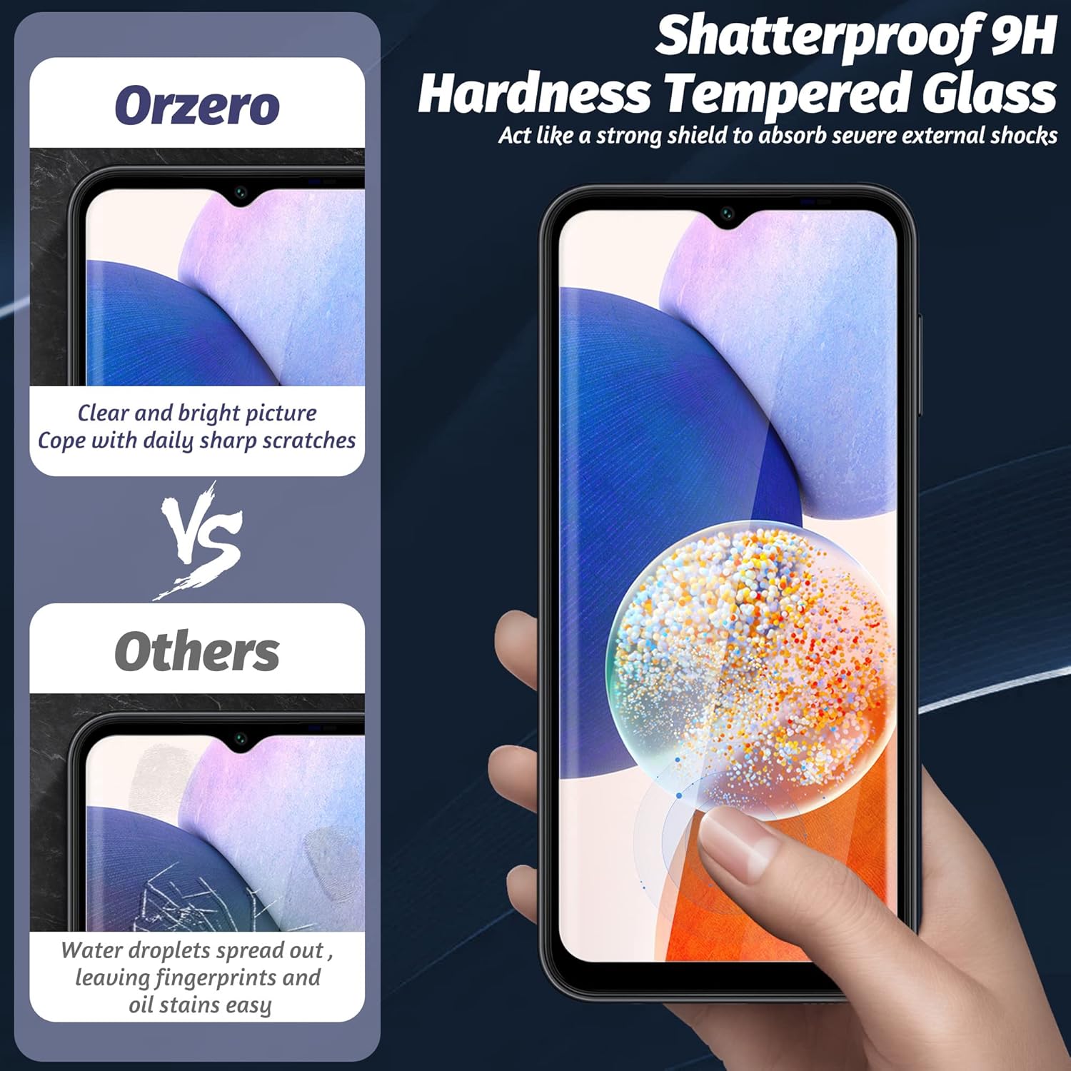 Orzero – Protector de pantalla de vidrio templado compatible con Samsung Galaxy A14 5G, bordes de arco 2.5D, 9H, antiarañazos, de alta definición,