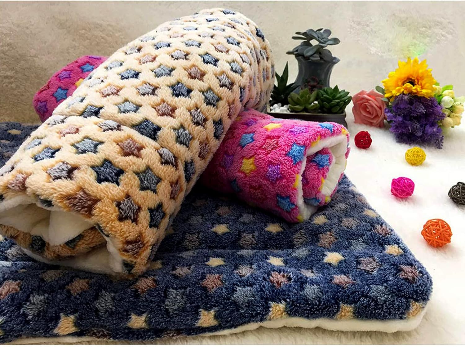 Manta para mascotas, cojín de franela esponjosa de alta calidad, suave y cálida para perros y gatos, tamaño pequeño, estrellas rosadas