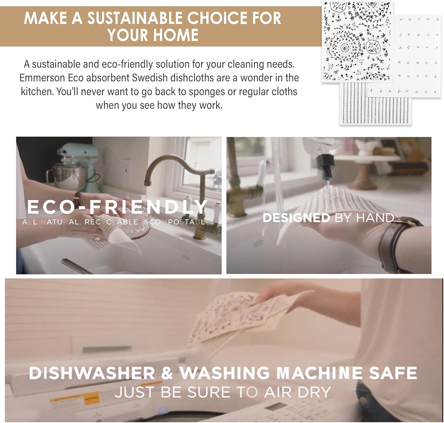 Paquete de 3 paños de limpieza suecos para cocina, reutilizables, altamente absorbentes, de secado rápido, biodegradables, compostables, no rayan,